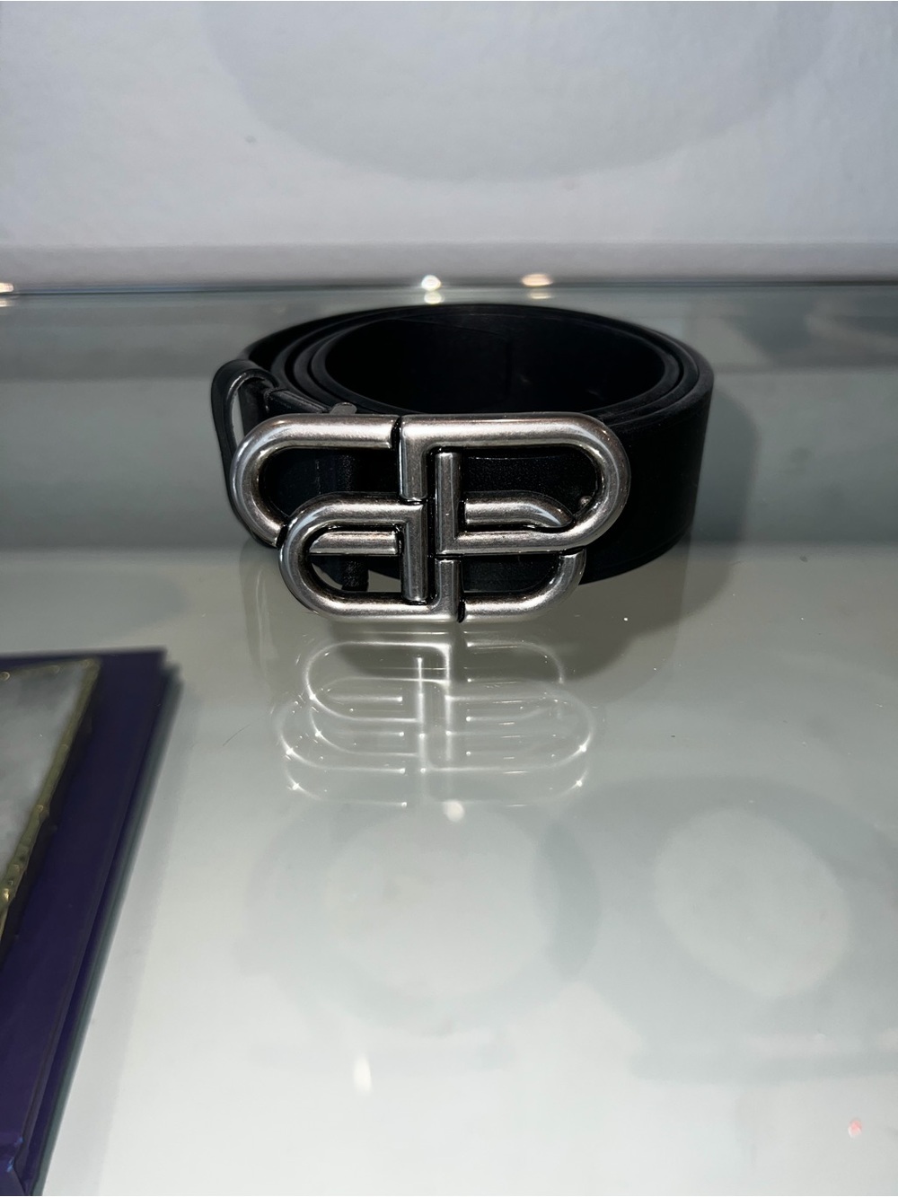 Balenciaga Black Leather Belt with Silver Double-B Buckle